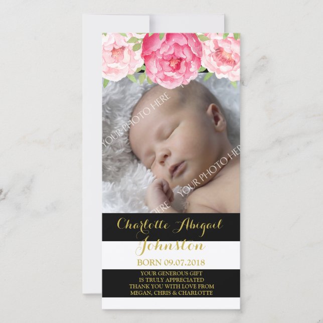 Tarjeta De Agradecimiento Las flores rosadas de las rayas negras le (Anverso)