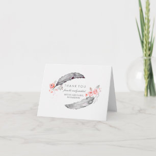 Tarjeta De Agradecimiento Las plumas bohemias rosadas y la boda gris le