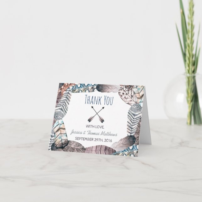 Tarjeta De Agradecimiento Las plumas tribales modernas Bodas bohemias gracia (Anverso)