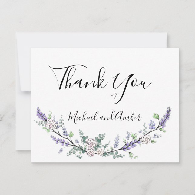 Tarjeta De Agradecimiento Lavanda acuarela Eucalipto rosas blancas (Anverso)