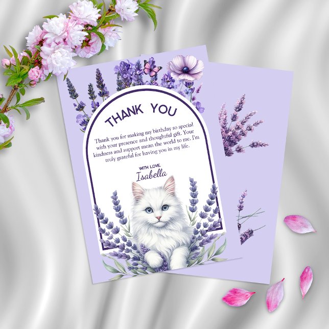Tarjeta De Agradecimiento Lavanda elegante y cumpleaños de gato blanco (Subido por el creador)