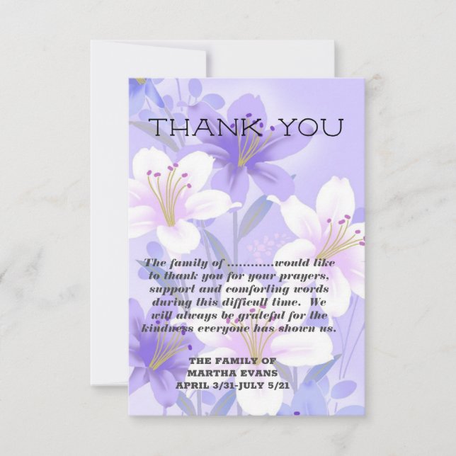 Tarjeta De Agradecimiento Lavanda simpática y lirios blancos (Anverso)