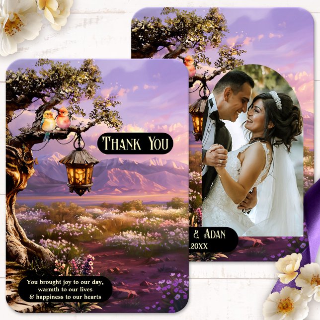 Tarjeta De Agradecimiento Lavender Boda de fotos de arte romántico gracias t (Wedding  photo Thank You card featuring a lavender landscape at sunset with lantern and love birds)
