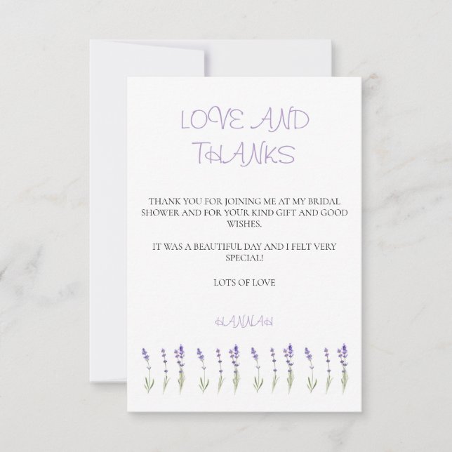 Tarjeta De Agradecimiento Lavender Bridal Shower Gracias (Anverso)
