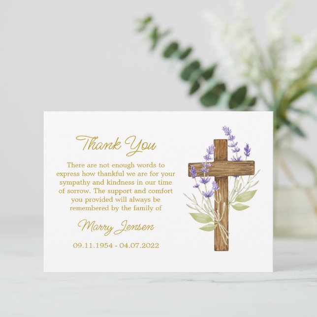 Tarjeta De Agradecimiento Lavender Cross Sympathy Thank You Card (Anverso de pie)