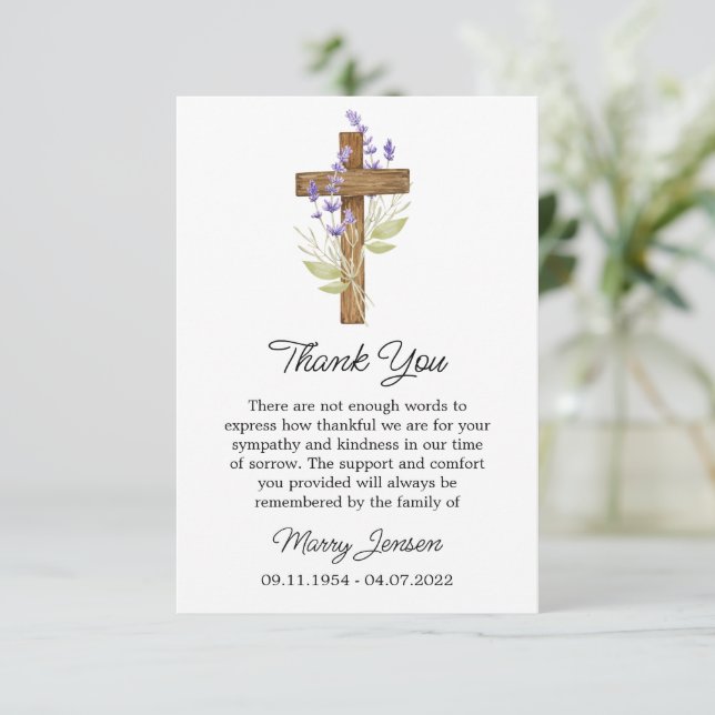 Tarjeta De Agradecimiento Lavender Cross Sympathy Thank You Card (Anverso de pie)