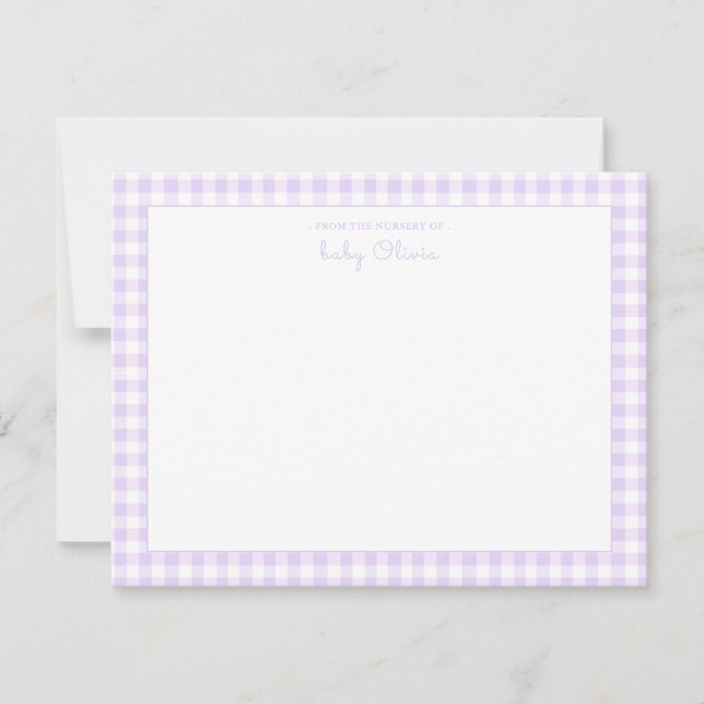 Tarjeta De Agradecimiento Lavender Gingham Check Baby Girl Flat Gracias (Anverso)