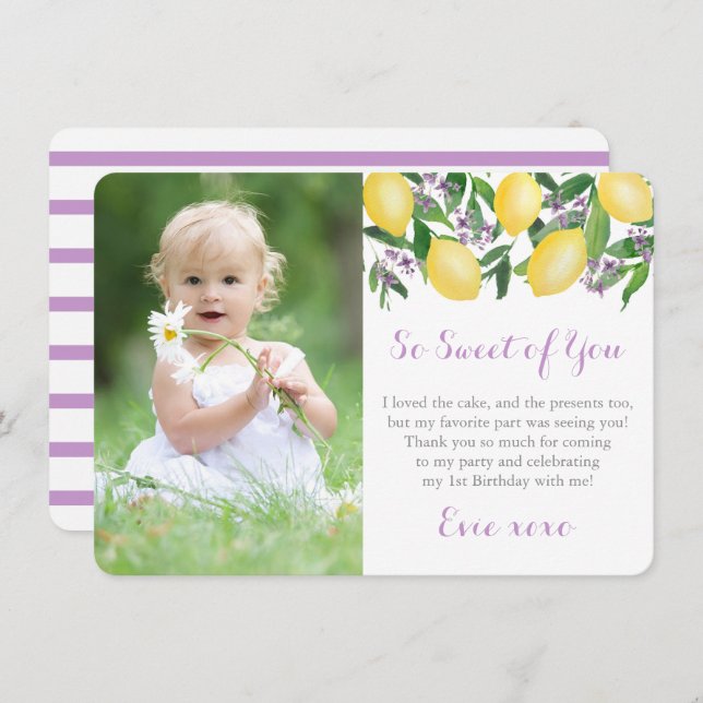 Tarjeta De Agradecimiento Lavender Lemons, Pequeña Niña, foto de la fiesta d (Anverso / Reverso)