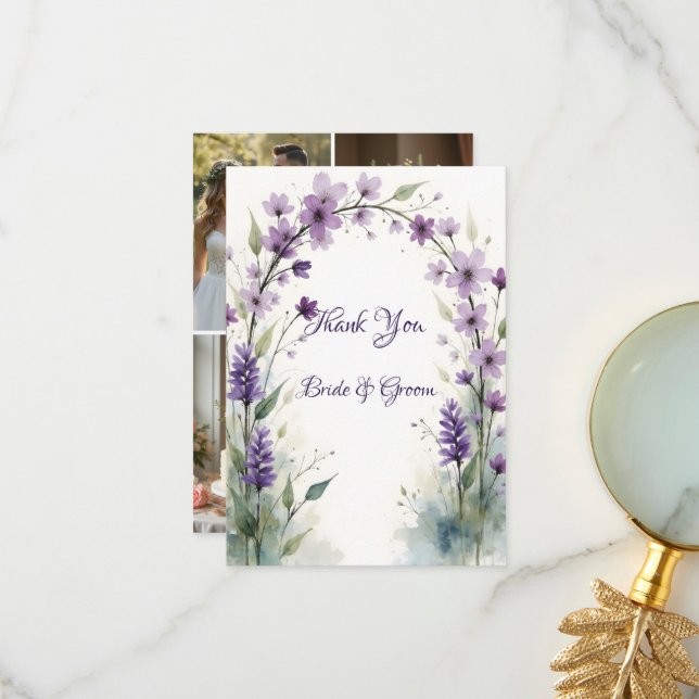 Tarjeta De Agradecimiento Lavender Lilac Floral Wedding Photo  (Anverso/Reverso In Situ)
