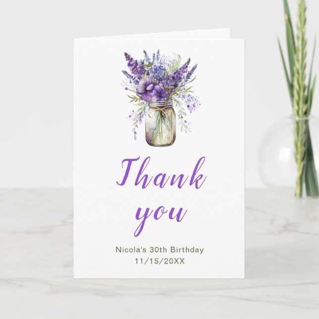 Tarjeta De Agradecimiento Lavender Mason Jar Cumpleaños (Anverso)