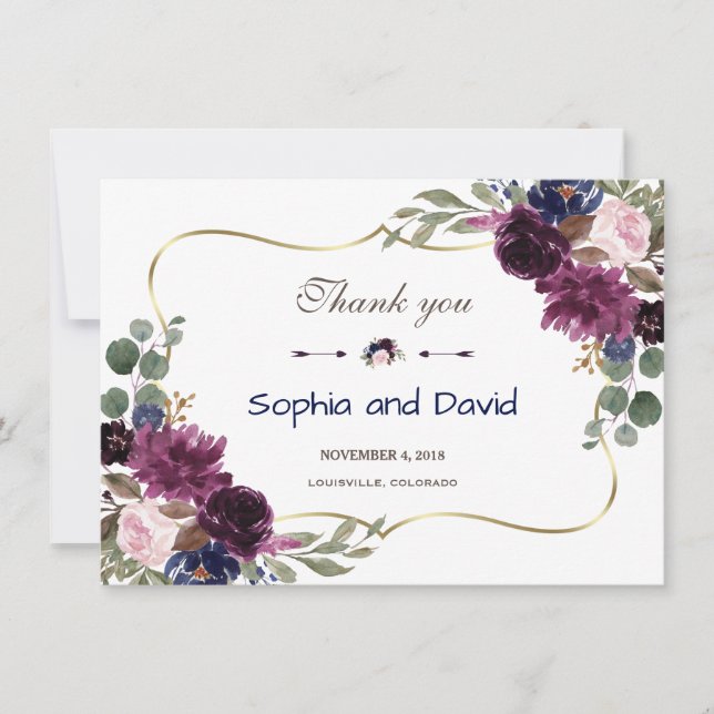 Tarjeta De Agradecimiento Lavender Navy Gold Floral Bloom Boda Gracias (Anverso)