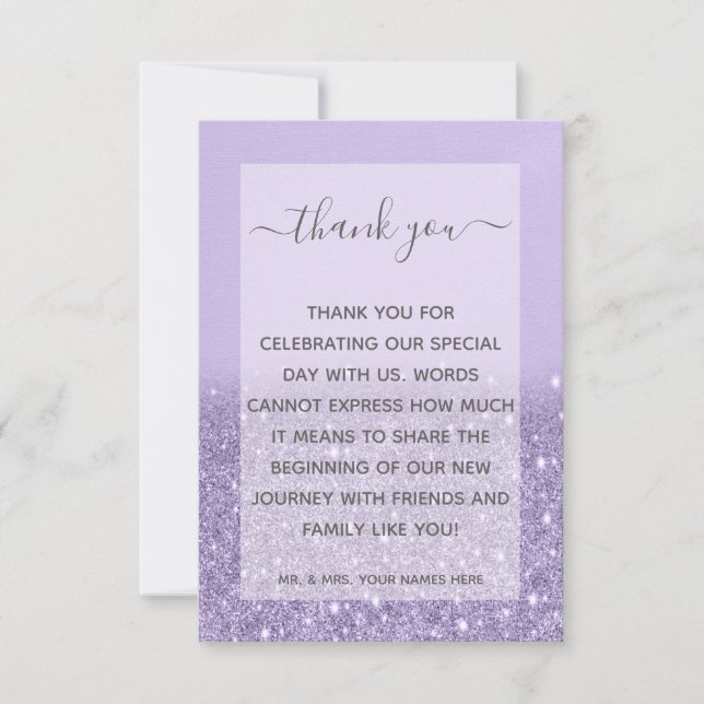 Tarjeta De Agradecimiento Lavender Purpurina Boda moderno (Anverso)