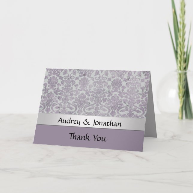 Tarjeta De Agradecimiento Lavender Silver Grunge Look Damask Gracias (Anverso)