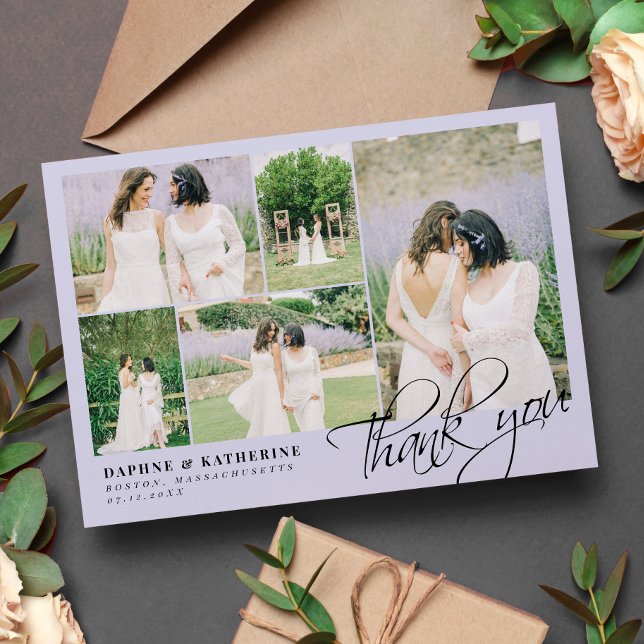 Tarjeta De Agradecimiento Lavender Wedding Photo Collage Script Thank You (Subido por el creador)