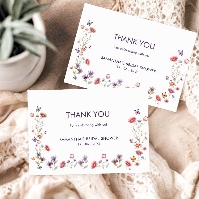 Tarjeta De Agradecimiento Lavender Wildflower a New Chapter Bridal Shower (Share your gratitude with elegant lavender wildflowers and storybook charm.)