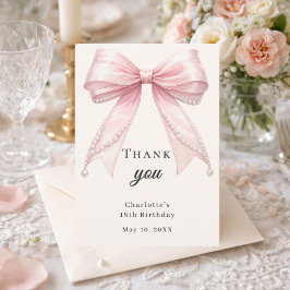 Tarjeta De Agradecimiento Lazo de cumpleaños rosa perlas marfil elegante