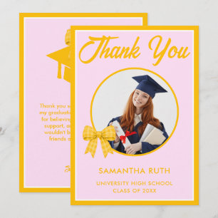 Tarjeta De Agradecimiento Lazo de gingham amarillo Foto Graduación