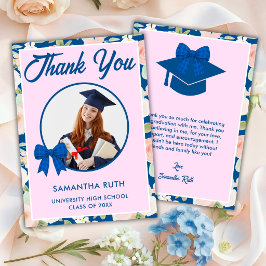 Tarjeta De Agradecimiento Lazo de gingham azul de flor silvestre Foto Gradua