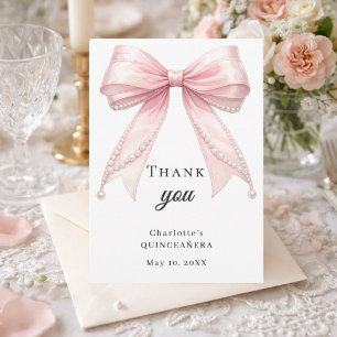 Tarjeta De Agradecimiento Lazo de quinceañera perlas rosadas elegante