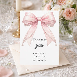 Tarjeta De Agradecimiento Lazo de Sweet 16 perlas rosadas