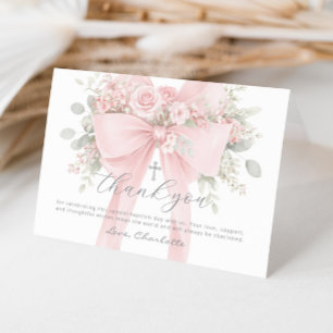 Tarjeta De Agradecimiento Lazo Floral Rosa Claro Bautizo Niña
