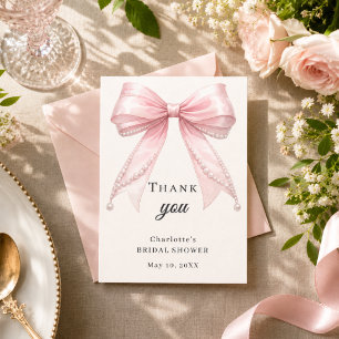 Tarjeta De Agradecimiento Lazo para despedida de soltera rosa perlas marfil