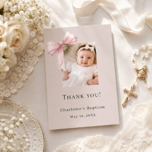 Tarjeta De Agradecimiento Lazo rosa bautizo taupe foto niña