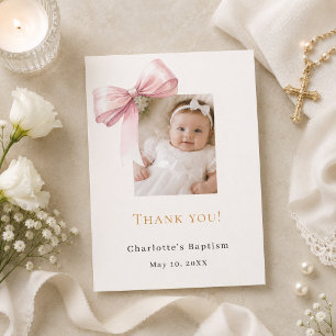 Tarjeta De Agradecimiento Lazo rosa de bautizo foto niña crema