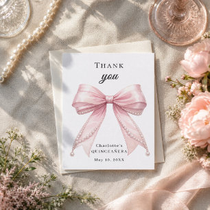 Tarjeta De Agradecimiento Lazo rosa de quinceañera perlas elegante
