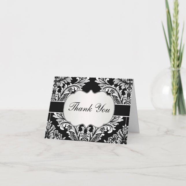 Tarjeta De Agradecimiento Leafy Damask blanco sobre el Boda negro Gracias (Anverso)