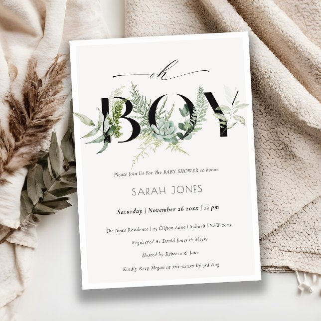 Tarjeta De Agradecimiento Leafy Fern Succulent Oh Boy Invite a Baby Shower (Subido por el creador)