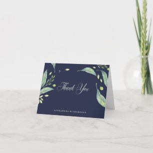 Tarjeta De Agradecimiento Leafy Green Color de agua Gracias Azul oscuro