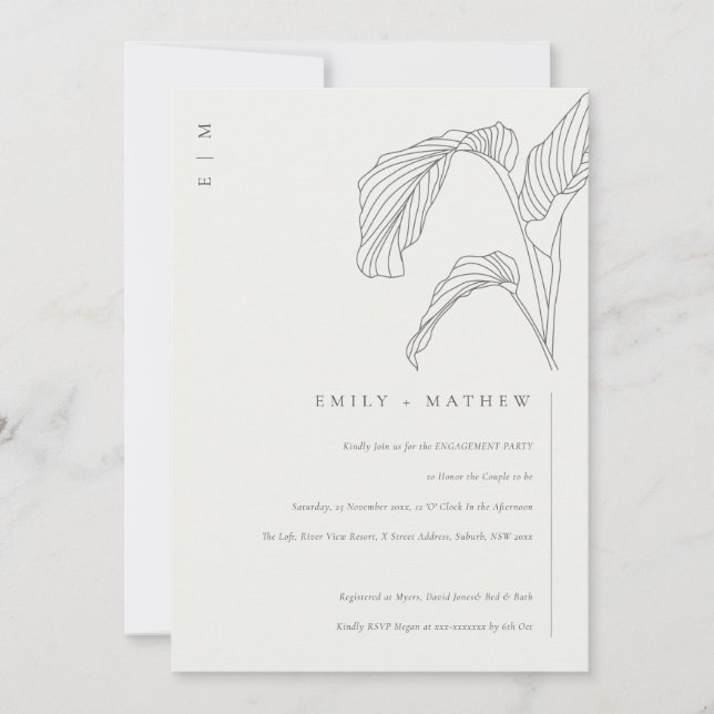 Tarjeta De Agradecimiento Leafy Palm Sketch Black White Engagement Invitar (Anverso)
