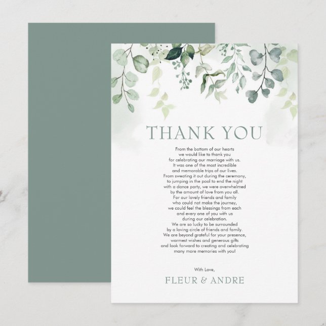 Tarjeta De Agradecimiento Leafy Sage Green Eucalyptus Garden Wedding (Anverso / Reverso)