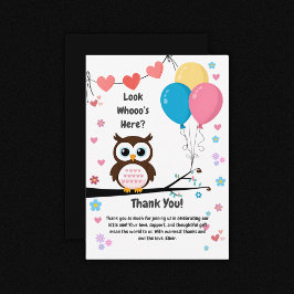 Tarjeta De Agradecimiento Lechuza Adorable con Baby Shower de globos y coraz