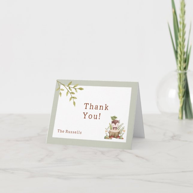 Tarjeta De Agradecimiento Lechuza Baby Shower Animales Woodland Gracias (Anverso)