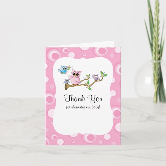 Tarjeta De Agradecimiento Lechuza Lechuza Rosa Baby Shower Gracias (Anverso)