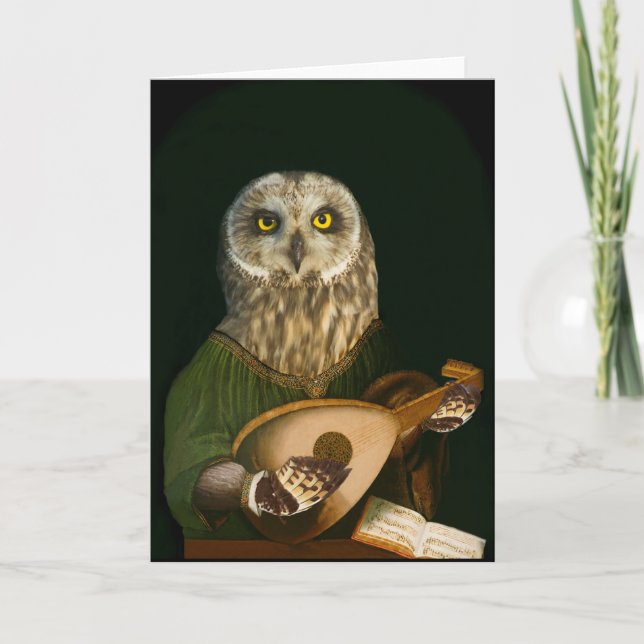 Tarjeta De Agradecimiento Lechuza Medieval Toca Su Lute (Anverso)
