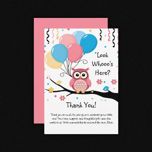 Tarjeta De Agradecimiento Lechuza rosa con globos y Baby Shower de Confetti