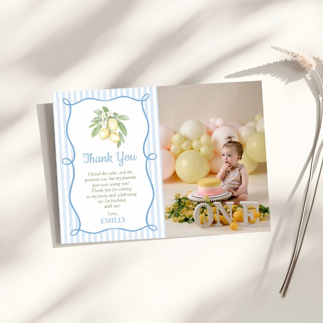 Tarjeta De Agradecimiento Lemon Blue Stripes Birthday Flat Thank You Card (Subido por el creador)