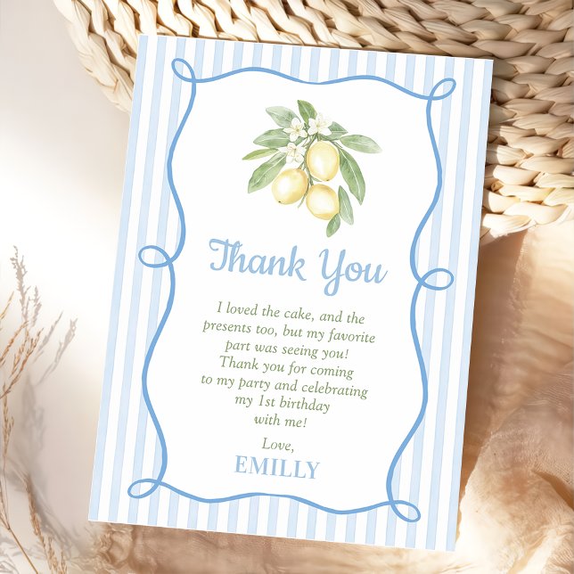 Tarjeta De Agradecimiento Lemon Blue Stripes Birthday Flat Thank You Card (Subido por el creador)