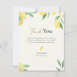 Tarjeta De Agradecimiento Lemon Citrus Green Wedding with Photo Back
