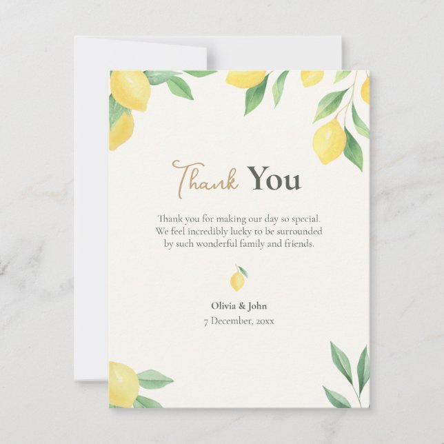 Tarjeta De Agradecimiento Lemon Citrus Green Wedding with Photo Back (Anverso)