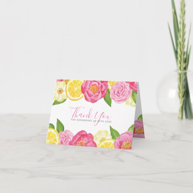 Tarjeta De Agradecimiento Lemon Citrus Pink Floral Baby Shower Gracias (Anverso)