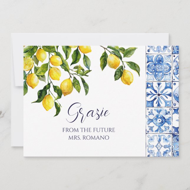 Tarjeta De Agradecimiento Lemon Citrus Positano Blue Tiles Bridal Shower (Anverso)