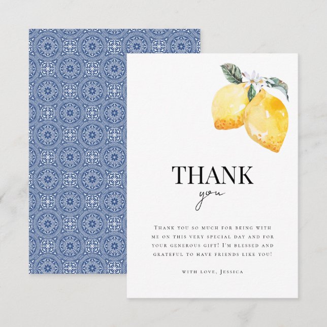 Tarjeta De Agradecimiento Lemon Floral & Italiano Tile Citrus Bridal Shower (Anverso / Reverso)
