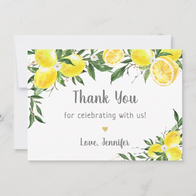 Tarjeta De Agradecimiento Lemon Greenery Gold Bridal Shower (Anverso)