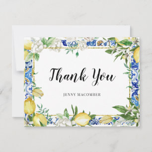 Tarjeta De Agradecimiento Lemon White Floral Blue Tile