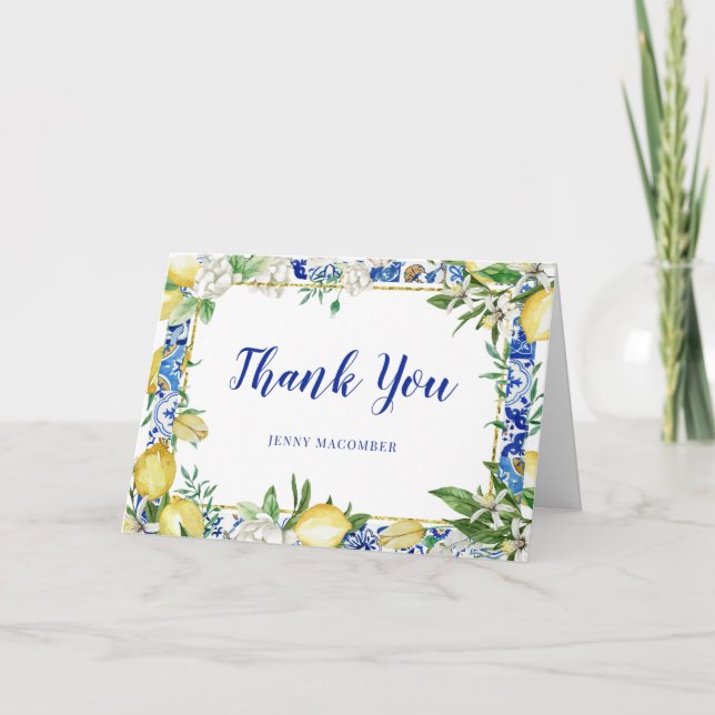 Tarjeta De Agradecimiento Lemon White Floral Blue Tile Foto doblada (Anverso)