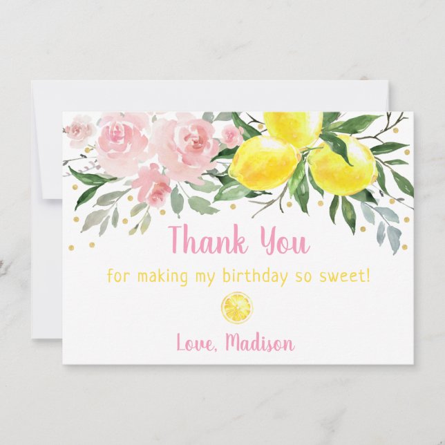 Tarjeta De Agradecimiento Lemonade Pink Gold Floral Birday Gracias (Anverso)